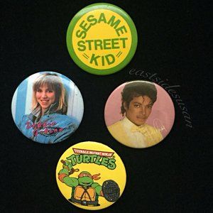 VTG 80s POP CULTURE BUTTONS Pinback Jackson Gibson TMNT Sesame St - HP 🎉